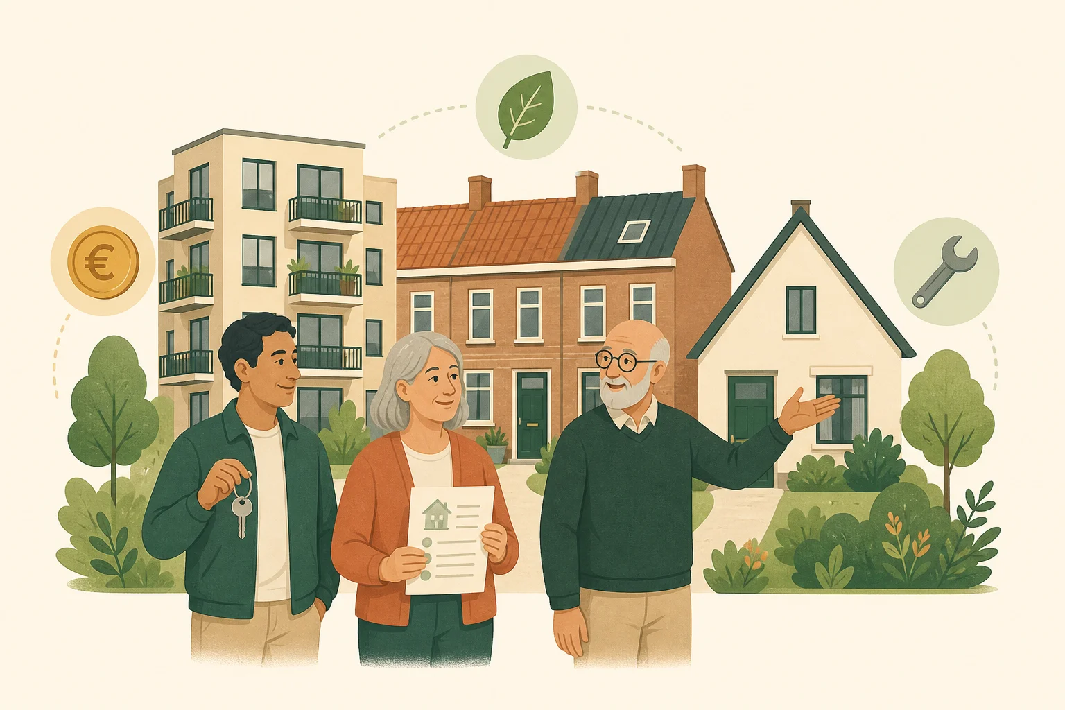Mensen bij verschillende woningen, met symbolen voor woonkosten, energiebesparing en woningaanpassing