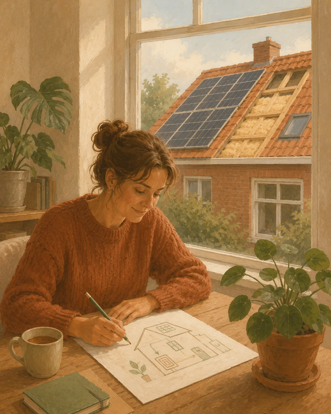 Iemand maakt aan tafel een persoonlijk bespaarplan, met zonnepanelen op het dak op de achtergrond