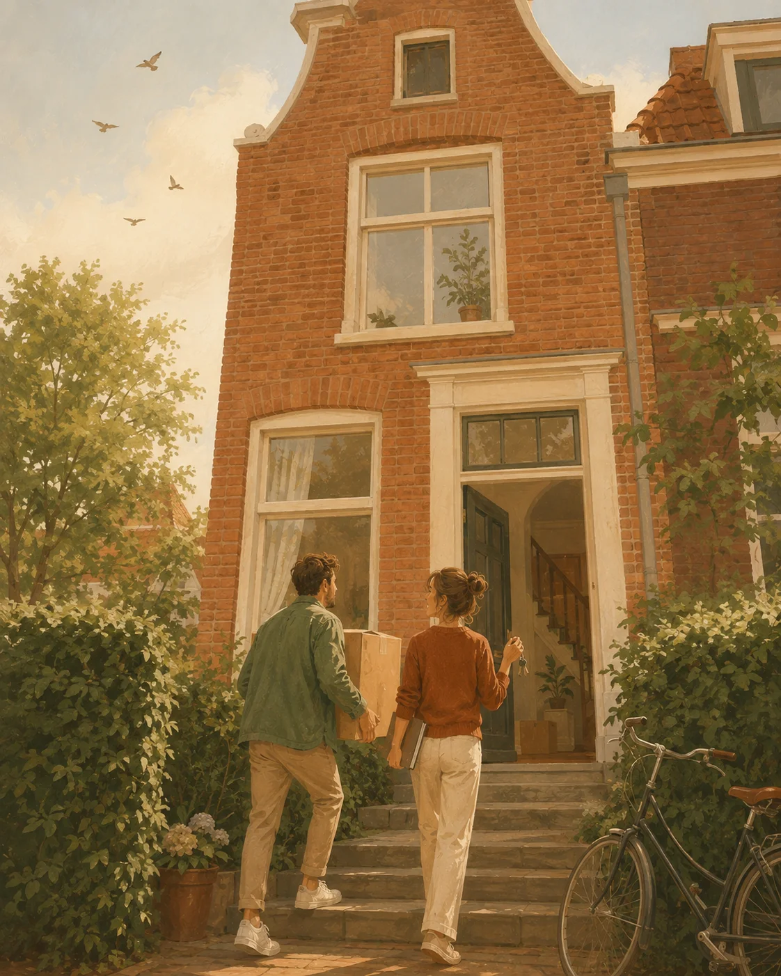 Een stel loopt met dozen en de sleutel een nieuwe woning binnen