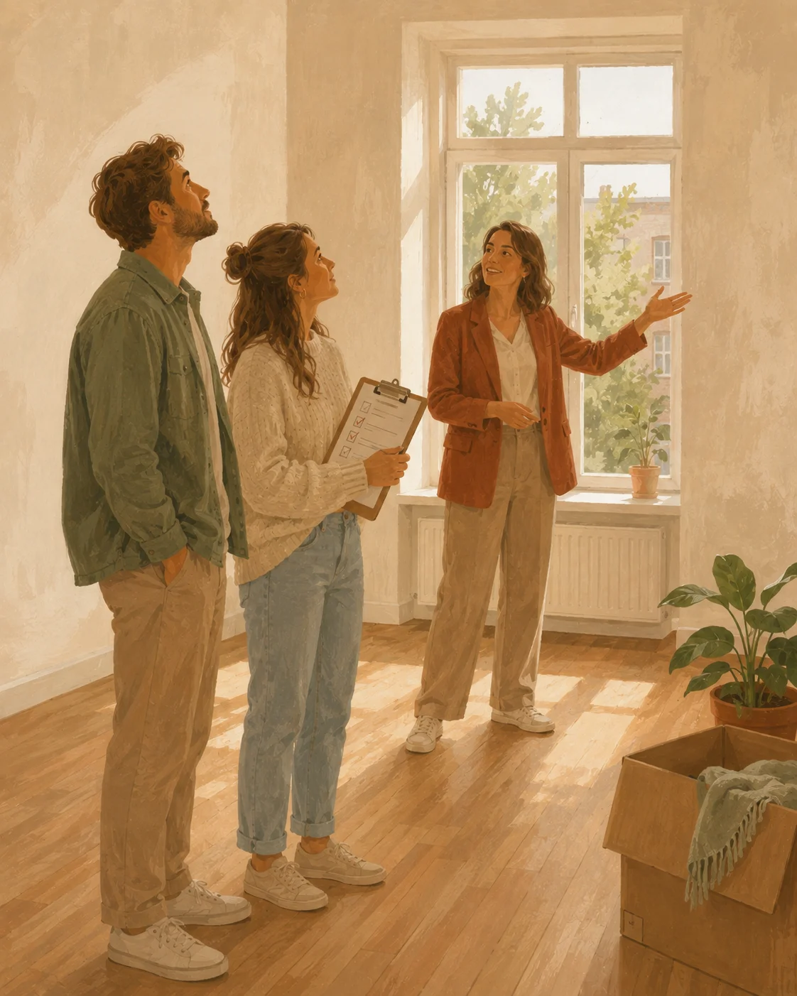 Een stel bekijkt samen met een makelaar een woning tijdens een bezichtiging