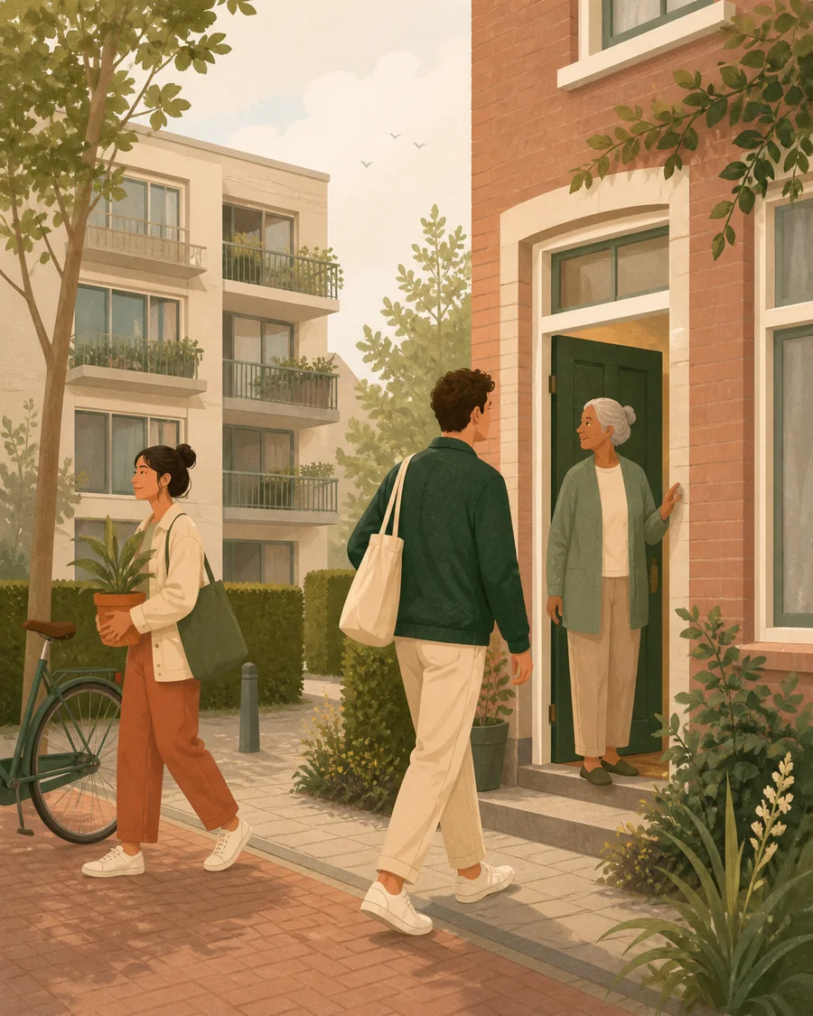 Bewoners lopen door een woonomgeving